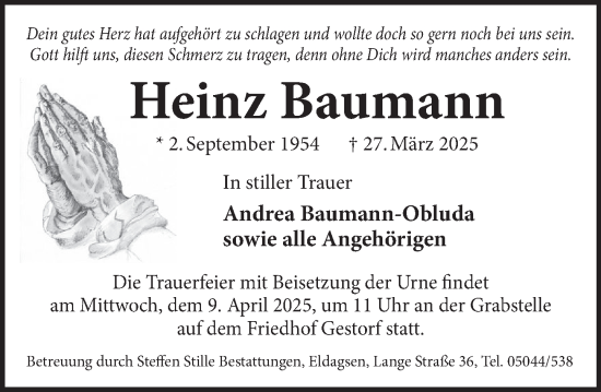 Traueranzeige von Heinz Baumann von Neue Deister-Zeitung