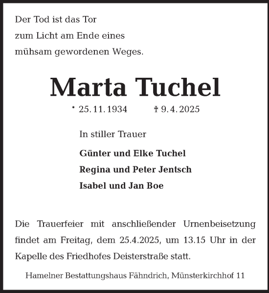 Traueranzeige von Marta Tuchel von Deister- und Weserzeitung