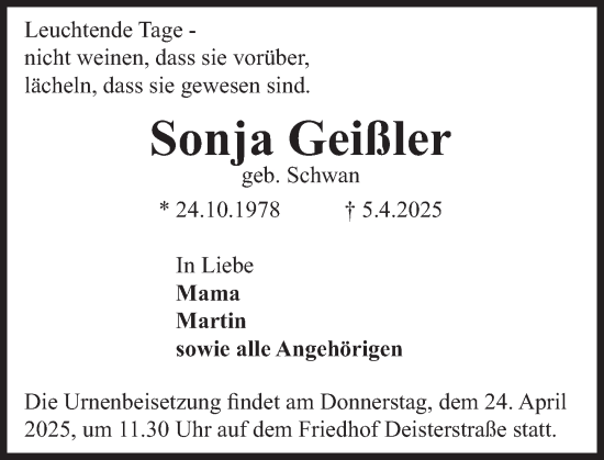 Traueranzeige von Sonja Geißler von Deister- und Weserzeitung