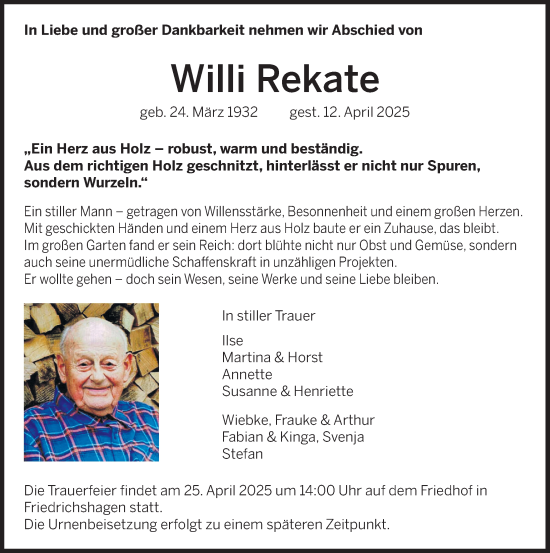 Traueranzeige von Willi Rekate von Deister- und Weserzeitung