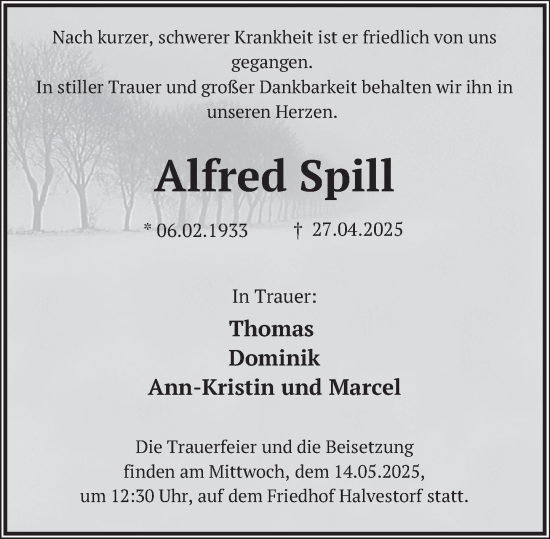 Traueranzeige von Alfred Spill von Deister- und Weserzeitung