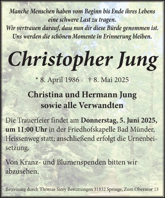 Traueranzeige von Christopher Jung von Neue Deister-Zeitung