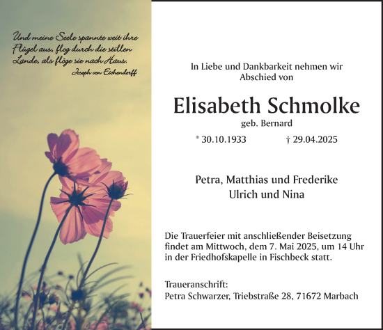 Traueranzeige von Elisabeth Schmolke von Deister- und Weserzeitung