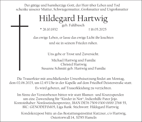 Traueranzeige von Hildegard Hartwig von Deister- und Weserzeitung