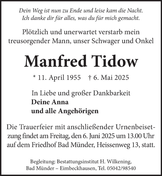 Traueranzeige von Manfred Tidow von Neue Deister-Zeitung