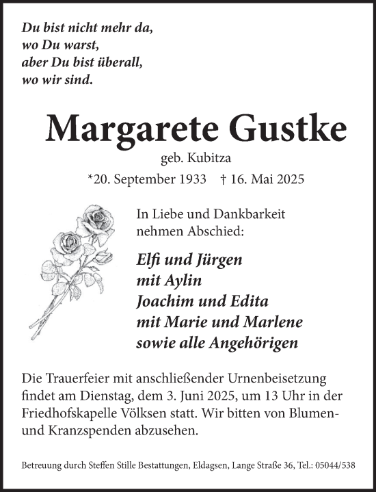 Traueranzeige von Margarete Gustke von Neue Deister-Zeitung