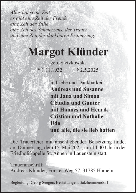 Traueranzeige von Margot Klünder von Deister- und Weserzeitung