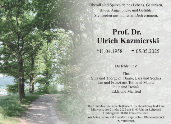 Traueranzeige von Ulrich Kazmierski von Deister- und Weserzeitung