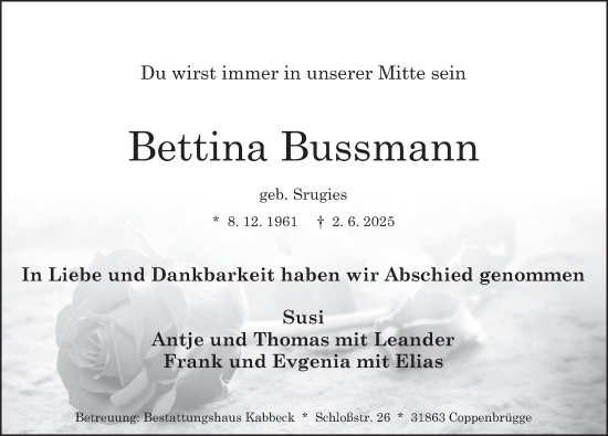 Traueranzeige von Bettina Bussmann von Deister- und Weserzeitung