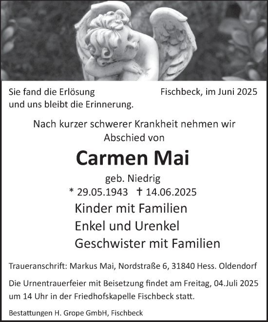 Traueranzeige von Carmen Mai von Deister- und Weserzeitung