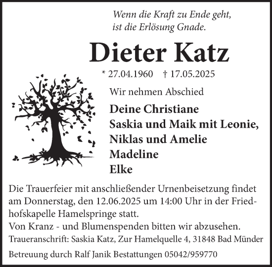 Traueranzeige von Dieter Katz von Neue Deister-Zeitung