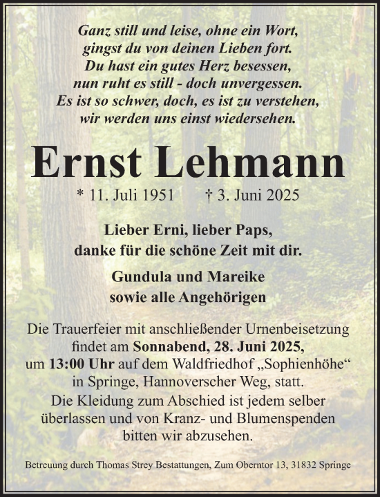 Traueranzeige von Ernst Lehmann von Neue Deister-Zeitung