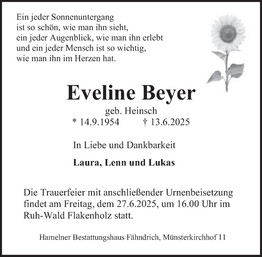  Traueranzeige für Eveline Beyer vom 21.06.2025 aus Deister- und Weserzeitung