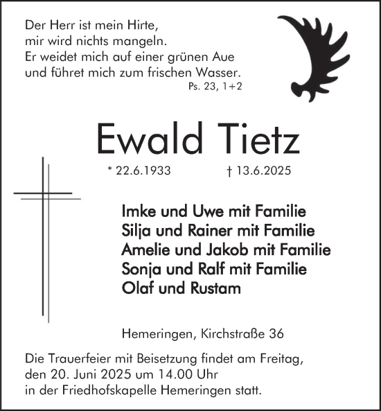 Traueranzeige von Ewald Tietz von Deister- und Weserzeitung