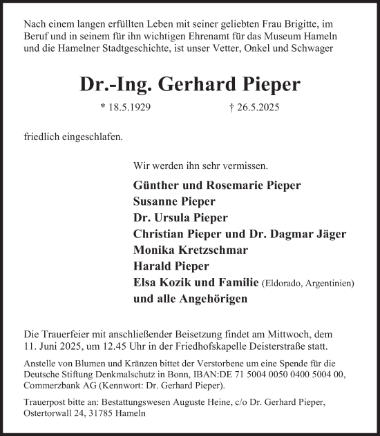 Traueranzeige von Gerhard Pieper von Deister- und Weserzeitung