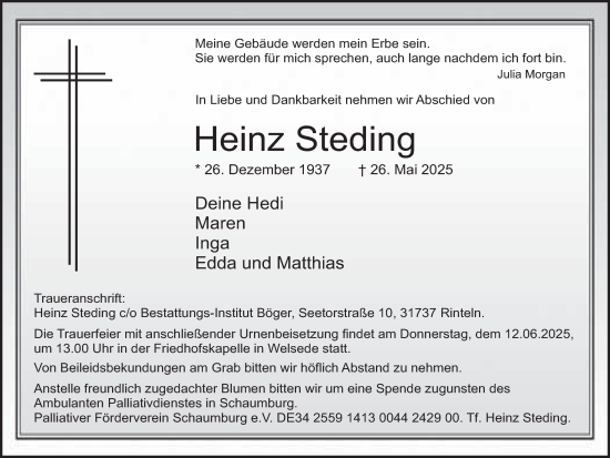 Traueranzeige von Heinz Steding von Deister- und Weserzeitung