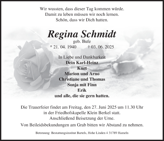 Traueranzeige von Regina Schmidt von Deister- und Weserzeitung