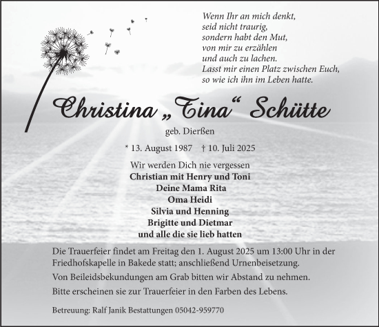 Traueranzeige von Christina Schütte von Neue Deister-Zeitung