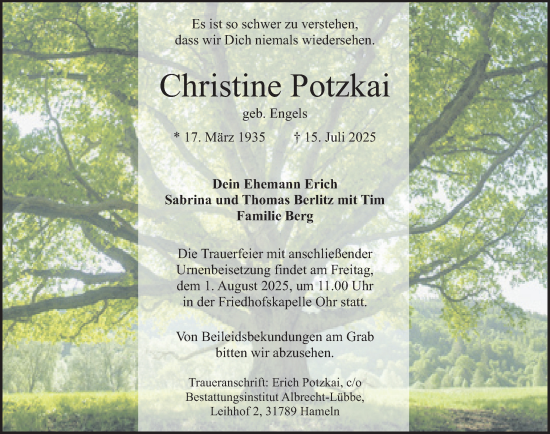 Traueranzeige von Christine Potzkai von Deister- und Weserzeitung