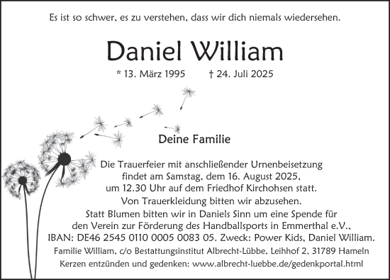 Traueranzeige von Daniel William von Deister- und Weserzeitung