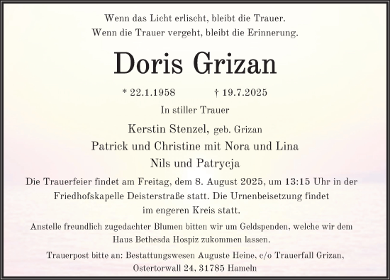 Traueranzeige von Doris Grizan von Deister- und Weserzeitung