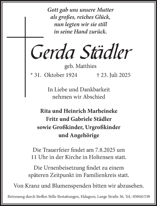 Traueranzeige von Gerda Städler von Neue Deister-Zeitung