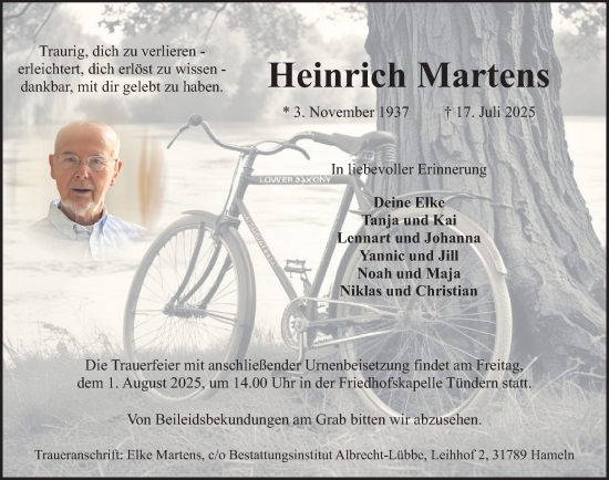 Traueranzeige von Heinrich Martens von Deister- und Weserzeitung