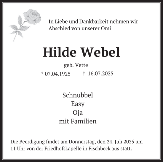 Traueranzeige von Hilde Webel von Deister- und Weserzeitung