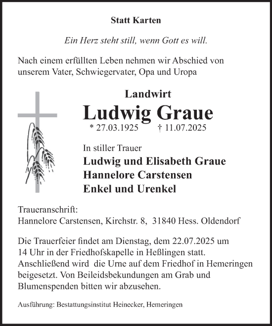 Traueranzeige von Ludwig Graue von Deister- und Weserzeitung