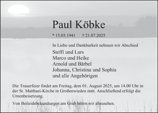 Traueranzeige von Paul Köbke von Deister- und Weserzeitung