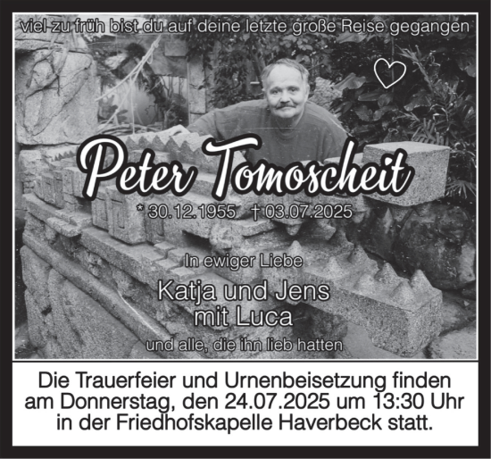 Traueranzeige von Peter Tomoscheit von Deister- und Weserzeitung