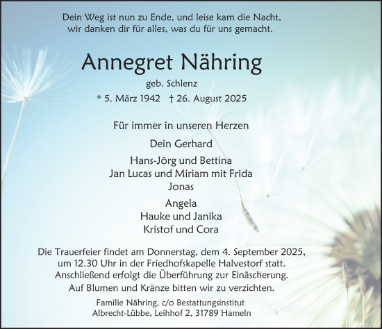 Traueranzeige von Annegret Nähring von Deister- und Weserzeitung