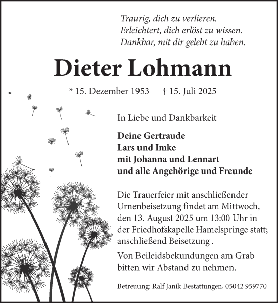 Traueranzeige von Dieter Lohmann von Neue Deister-Zeitung