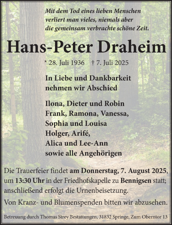 Traueranzeige von Hans-Peter Draheim von Neue Deister-Zeitung