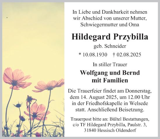 Traueranzeige von Hildegard Przybilla von Deister- und Weserzeitung