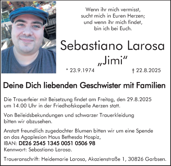 Traueranzeige von Sebastiano Larosa von Deister- und Weserzeitung