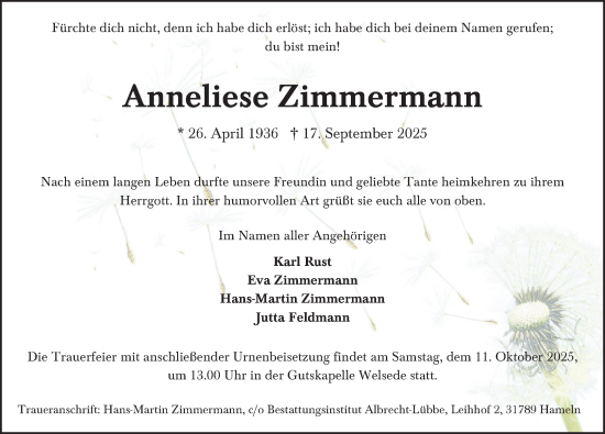 Traueranzeige von Anneliese Zimmermann von Deister- und Weserzeitung