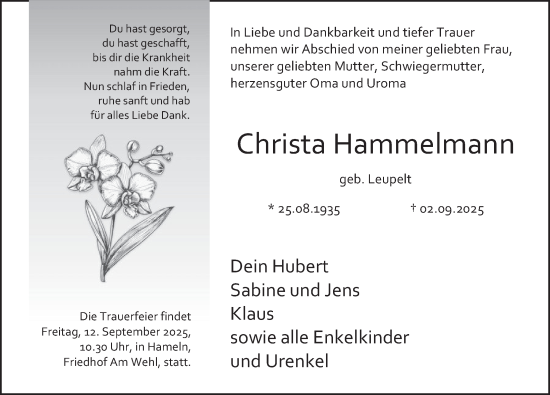 Traueranzeige von Christa Hammelmann von Deister- und Weserzeitung