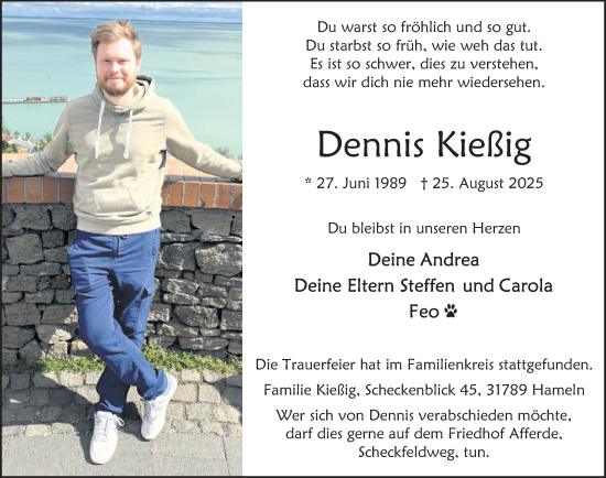 Traueranzeige von Dennis Kießig von Deister- und Weserzeitung