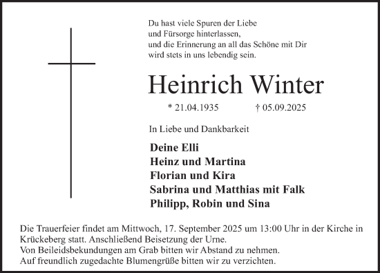 Traueranzeige von Heinrich Winter von Deister- und Weserzeitung