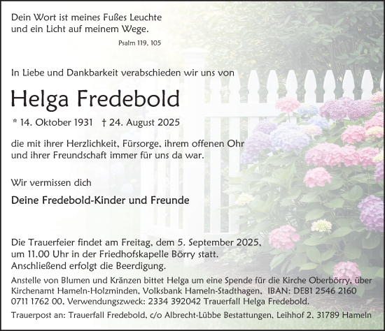 Traueranzeige von Helga Fredebold von Deister- und Weserzeitung