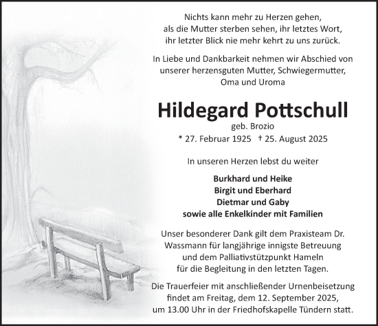 Traueranzeige von Hildegard Pottschull von Deister- und Weserzeitung