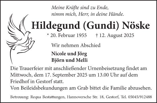 Traueranzeige von Hildegund Nöske von Neue Deister-Zeitung