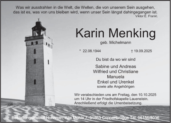 Traueranzeige von Karin Menking von Deister- und Weserzeitung