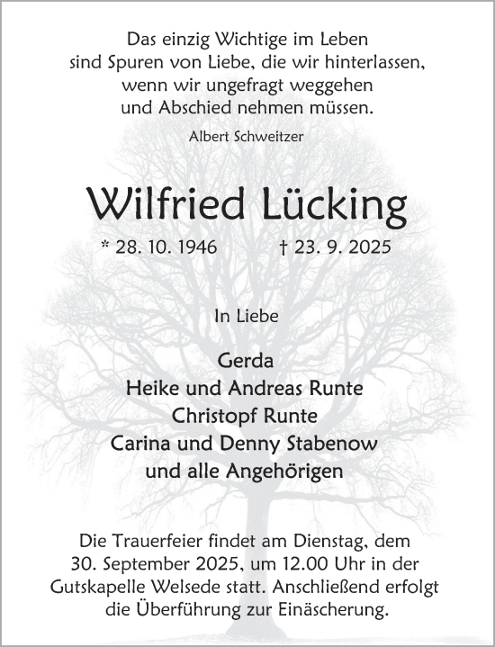 Traueranzeige von Wilfried Lücking von Deister- und Weserzeitung