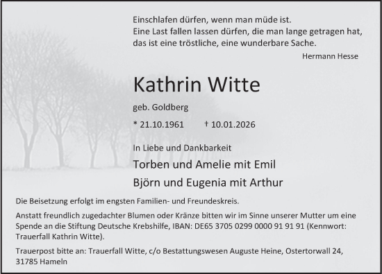 Traueranzeige von Kathrin Witte von Deister- und Weserzeitung
