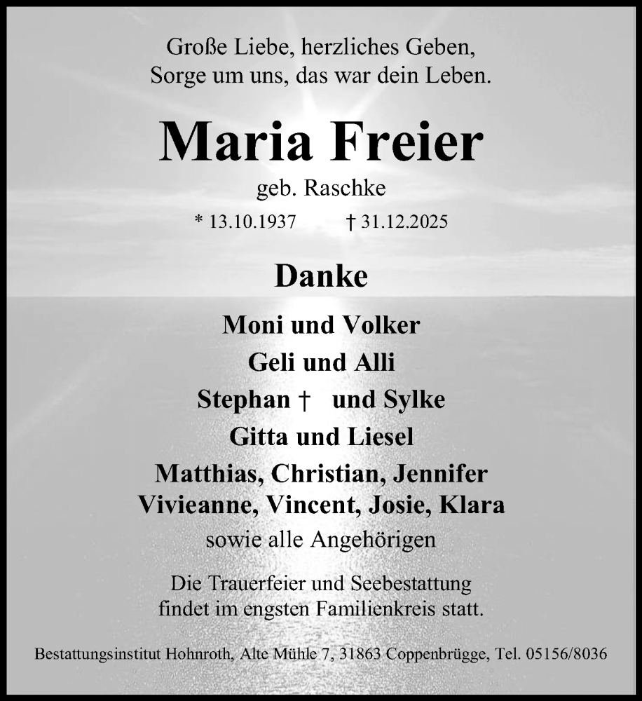  Traueranzeige für Maria Freier  vom 10.01.2026 aus Neue Deister-Zeitung