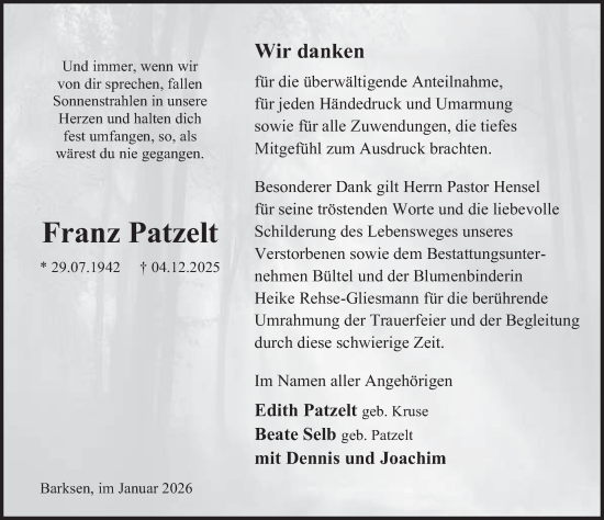 Traueranzeige von Franz Patzelt 