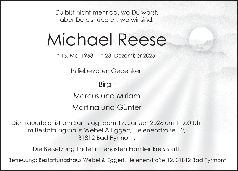  Traueranzeige für Michael Reese vom 10.01.2026 aus Deister- und Weserzeitung