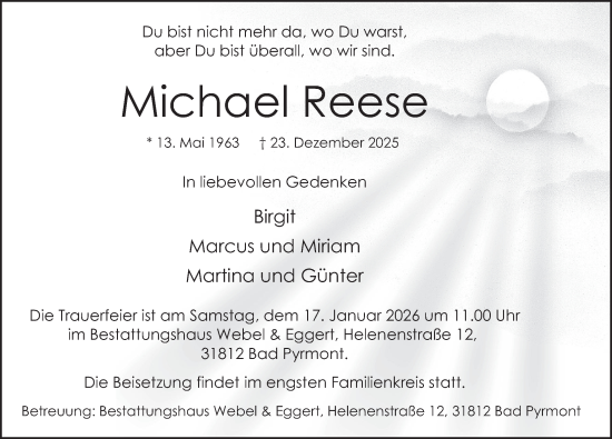 Traueranzeige von Michael Reese von Deister- und Weserzeitung